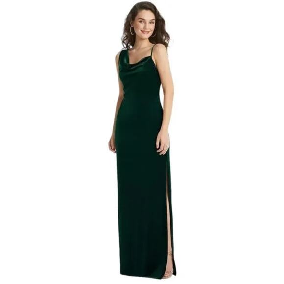 NWT Dessy Social Bridesmaids Lux Velvet Maxi Slip Dress in Evergreen L - Picture 1 of 9